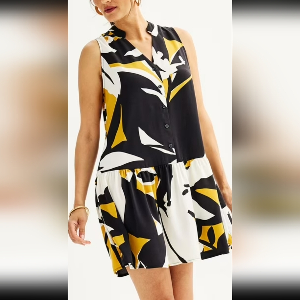NWT, Nine West- Black, White, and Gold Abstract Mini Dress